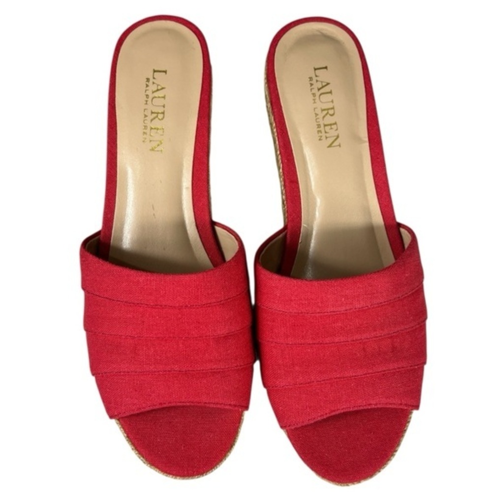 Lauren Ralph Lauren Red Karlia Canvas Espadrille Wedge Sandals Open Toe Slip On
